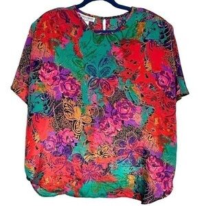 Vintage Colorful Lightweight Summer Blouse Pink Floral Short Sleeve Womens 22W
